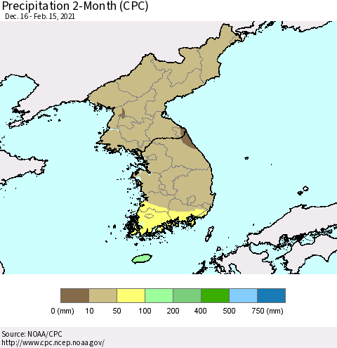 Korea Precipitation 2-Month (CPC) Thematic Map For 12/16/2020 - 2/15/2021