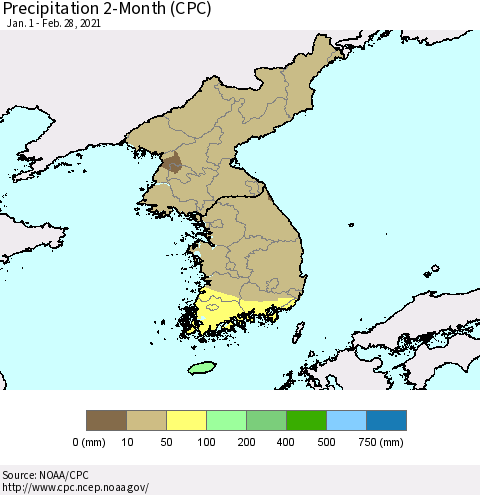 Korea Precipitation 2-Month (CPC) Thematic Map For 1/1/2021 - 2/28/2021