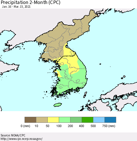 Korea Precipitation 2-Month (CPC) Thematic Map For 1/16/2021 - 3/15/2021