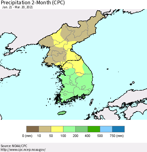 Korea Precipitation 2-Month (CPC) Thematic Map For 1/21/2021 - 3/20/2021