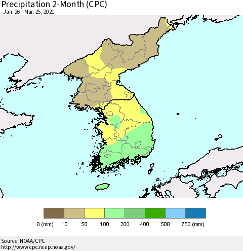 Korea Precipitation 2-Month (CPC) Thematic Map For 1/26/2021 - 3/25/2021