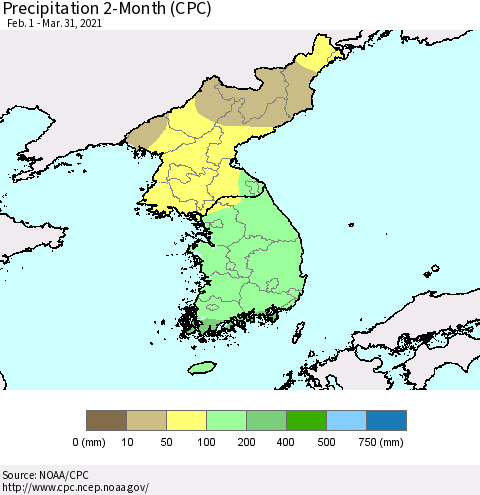 Korea Precipitation 2-Month (CPC) Thematic Map For 2/1/2021 - 3/31/2021