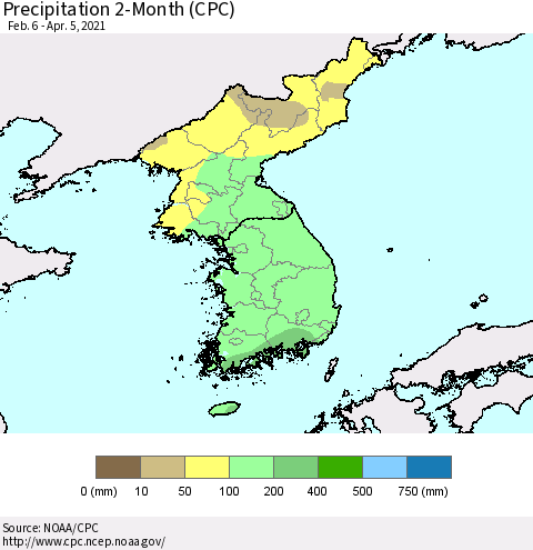 Korea Precipitation 2-Month (CPC) Thematic Map For 2/6/2021 - 4/5/2021