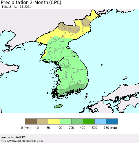 Korea Precipitation 2-Month (CPC) Thematic Map For 2/16/2021 - 4/15/2021