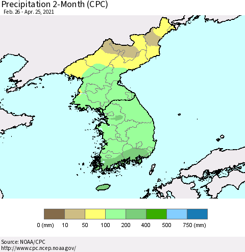 Korea Precipitation 2-Month (CPC) Thematic Map For 2/26/2021 - 4/25/2021