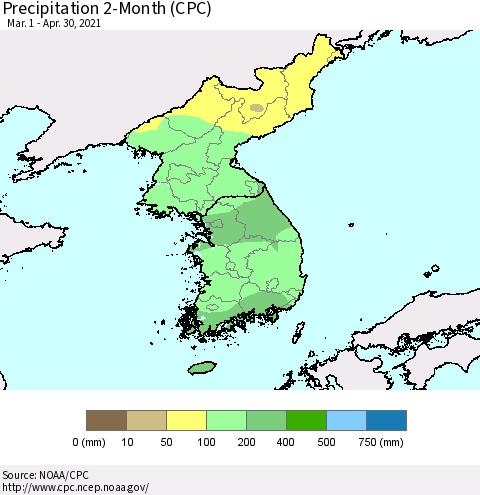 Korea Precipitation 2-Month (CPC) Thematic Map For 3/1/2021 - 4/30/2021