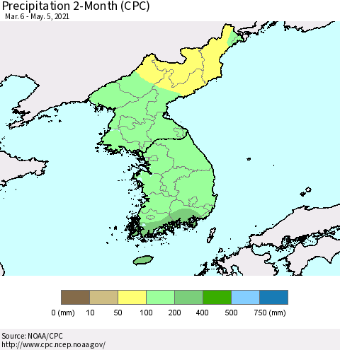 Korea Precipitation 2-Month (CPC) Thematic Map For 3/6/2021 - 5/5/2021