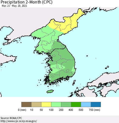 Korea Precipitation 2-Month (CPC) Thematic Map For 3/21/2021 - 5/20/2021
