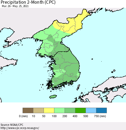 Korea Precipitation 2-Month (CPC) Thematic Map For 3/26/2021 - 5/25/2021