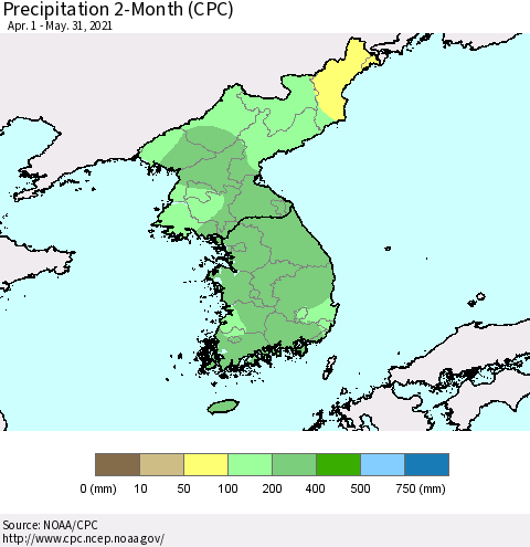 Korea Precipitation 2-Month (CPC) Thematic Map For 4/1/2021 - 5/31/2021