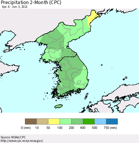Korea Precipitation 2-Month (CPC) Thematic Map For 4/6/2021 - 6/5/2021