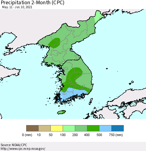 Korea Precipitation 2-Month (CPC) Thematic Map For 5/11/2021 - 7/10/2021