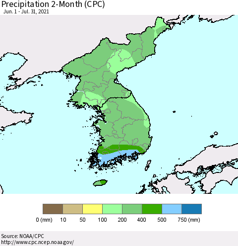 Korea Precipitation 2-Month (CPC) Thematic Map For 6/1/2021 - 7/31/2021