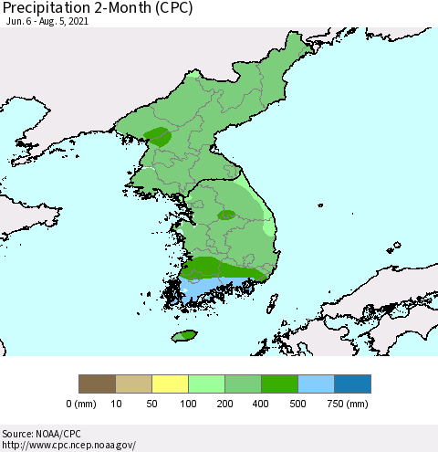 Korea Precipitation 2-Month (CPC) Thematic Map For 6/6/2021 - 8/5/2021