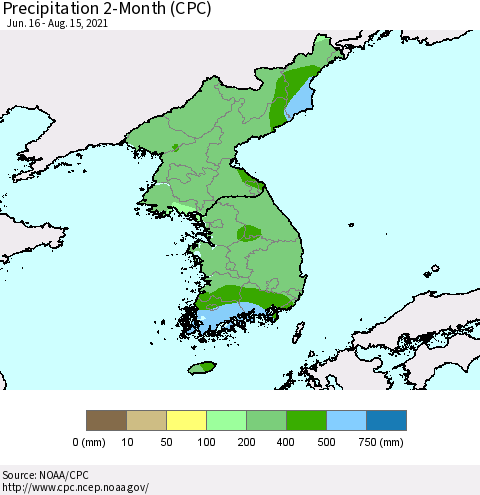 Korea Precipitation 2-Month (CPC) Thematic Map For 6/16/2021 - 8/15/2021