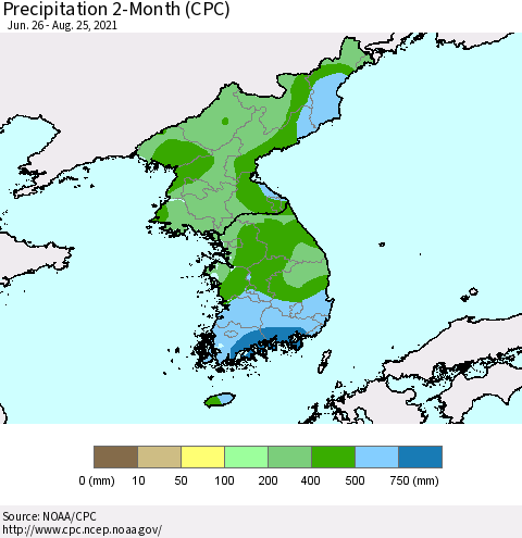 Korea Precipitation 2-Month (CPC) Thematic Map For 6/26/2021 - 8/25/2021