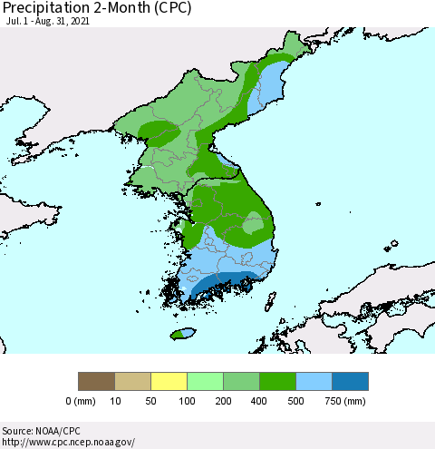Korea Precipitation 2-Month (CPC) Thematic Map For 7/1/2021 - 8/31/2021
