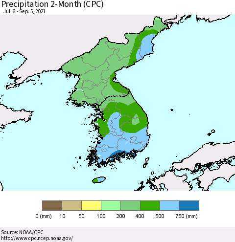 Korea Precipitation 2-Month (CPC) Thematic Map For 7/6/2021 - 9/5/2021