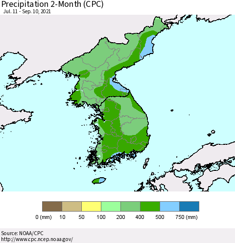 Korea Precipitation 2-Month (CPC) Thematic Map For 7/11/2021 - 9/10/2021