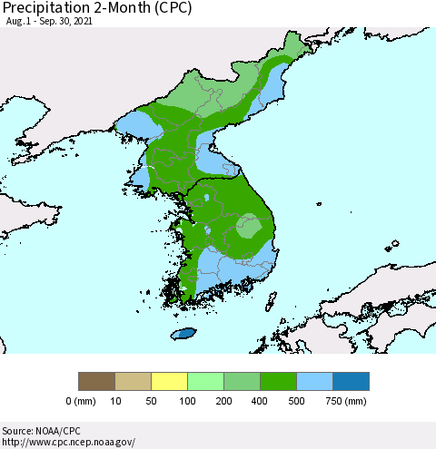 Korea Precipitation 2-Month (CPC) Thematic Map For 8/1/2021 - 9/30/2021