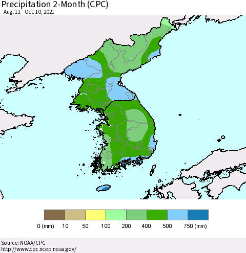 Korea Precipitation 2-Month (CPC) Thematic Map For 8/11/2021 - 10/10/2021