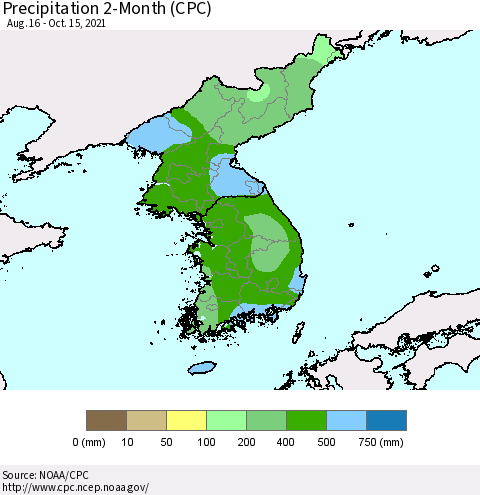 Korea Precipitation 2-Month (CPC) Thematic Map For 8/16/2021 - 10/15/2021
