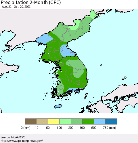 Korea Precipitation 2-Month (CPC) Thematic Map For 8/21/2021 - 10/20/2021
