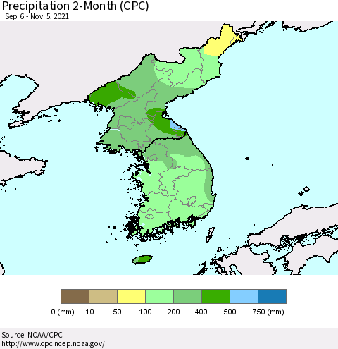 Korea Precipitation 2-Month (CPC) Thematic Map For 9/6/2021 - 11/5/2021