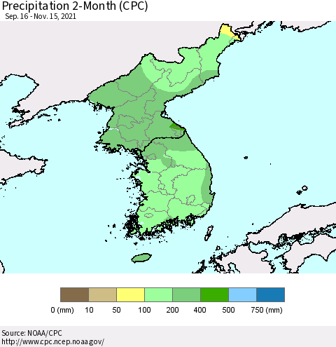 Korea Precipitation 2-Month (CPC) Thematic Map For 9/16/2021 - 11/15/2021