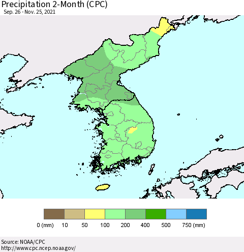Korea Precipitation 2-Month (CPC) Thematic Map For 9/26/2021 - 11/25/2021
