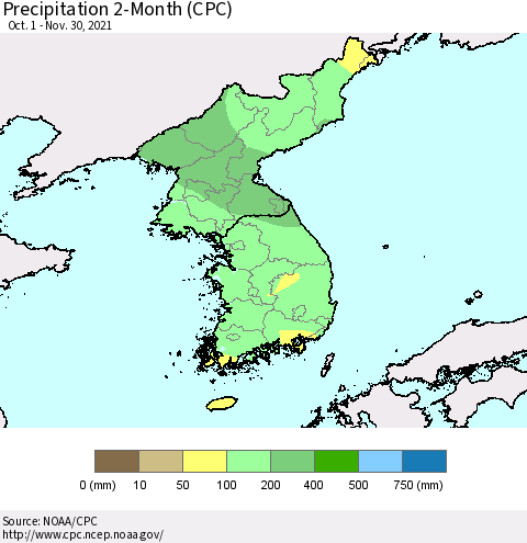 Korea Precipitation 2-Month (CPC) Thematic Map For 10/1/2021 - 11/30/2021