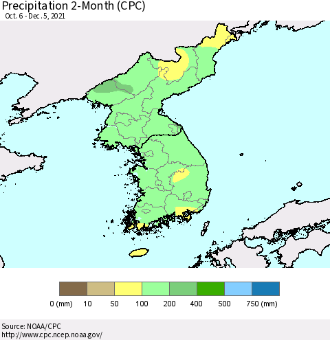 Korea Precipitation 2-Month (CPC) Thematic Map For 10/6/2021 - 12/5/2021