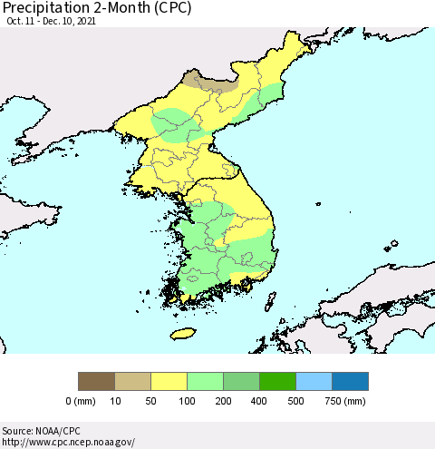 Korea Precipitation 2-Month (CPC) Thematic Map For 10/11/2021 - 12/10/2021
