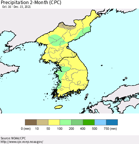 Korea Precipitation 2-Month (CPC) Thematic Map For 10/16/2021 - 12/15/2021