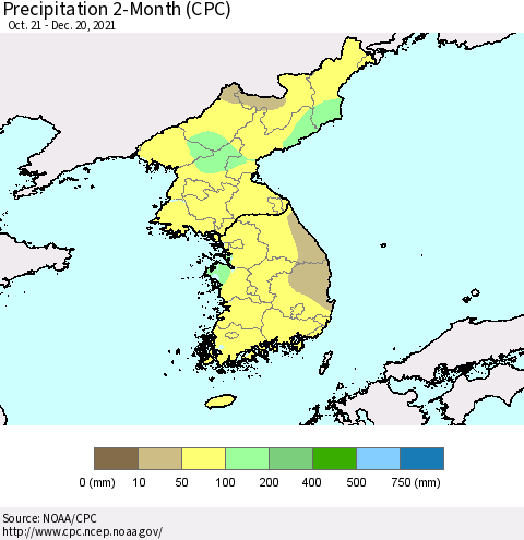 Korea Precipitation 2-Month (CPC) Thematic Map For 10/21/2021 - 12/20/2021