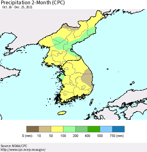 Korea Precipitation 2-Month (CPC) Thematic Map For 10/26/2021 - 12/25/2021