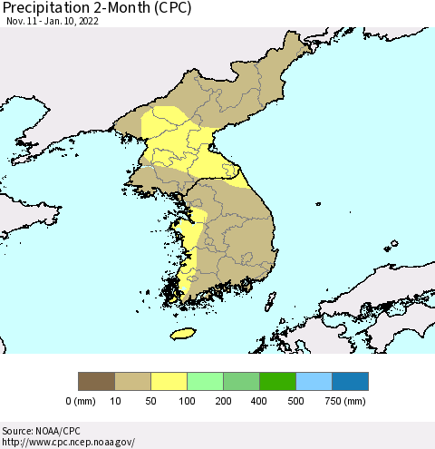Korea Precipitation 2-Month (CPC) Thematic Map For 11/11/2021 - 1/10/2022