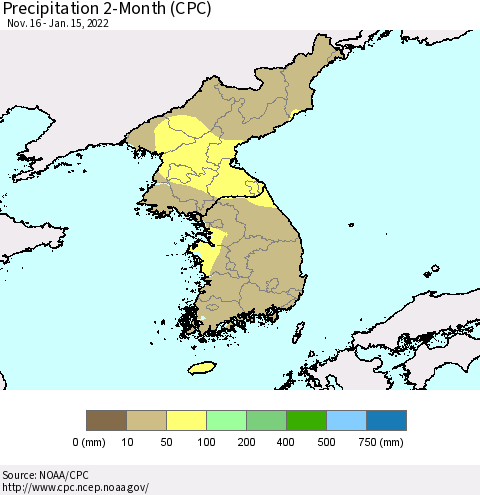 Korea Precipitation 2-Month (CPC) Thematic Map For 11/16/2021 - 1/15/2022