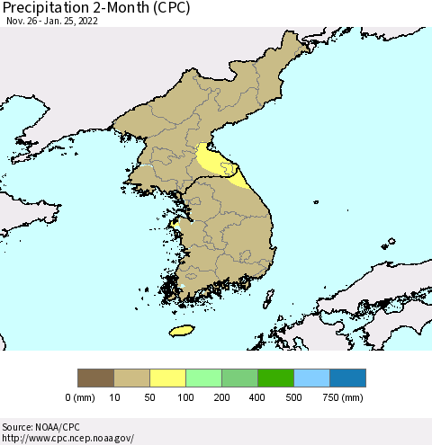 Korea Precipitation 2-Month (CPC) Thematic Map For 11/26/2021 - 1/25/2022