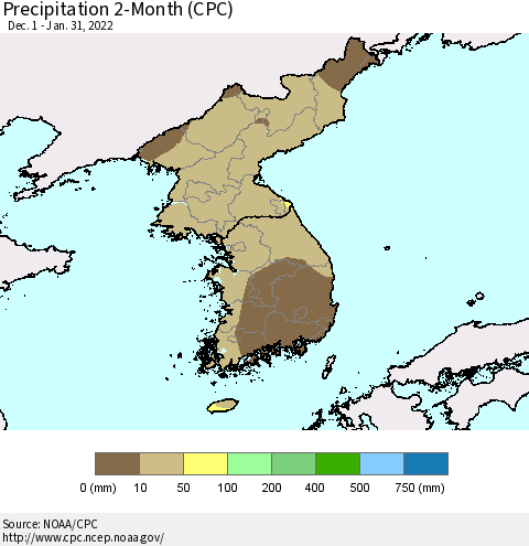 Korea Precipitation 2-Month (CPC) Thematic Map For 12/1/2021 - 1/31/2022