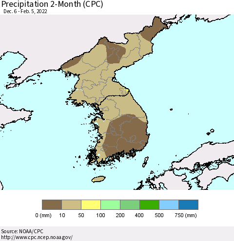 Korea Precipitation 2-Month (CPC) Thematic Map For 12/6/2021 - 2/5/2022