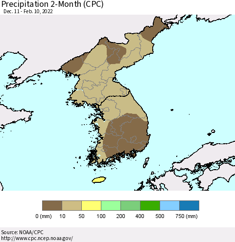 Korea Precipitation 2-Month (CPC) Thematic Map For 12/11/2021 - 2/10/2022