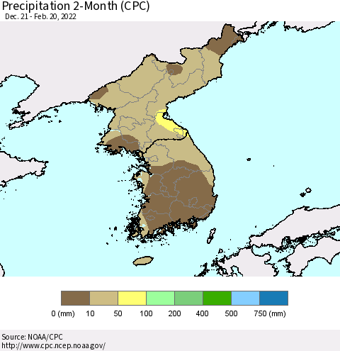Korea Precipitation 2-Month (CPC) Thematic Map For 12/21/2021 - 2/20/2022