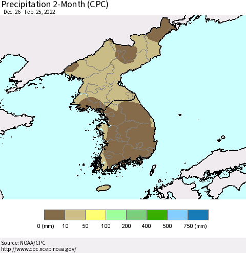 Korea Precipitation 2-Month (CPC) Thematic Map For 12/26/2021 - 2/25/2022
