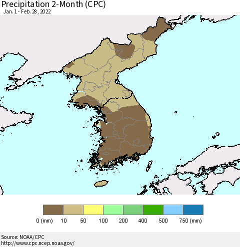 Korea Precipitation 2-Month (CPC) Thematic Map For 1/1/2022 - 2/28/2022