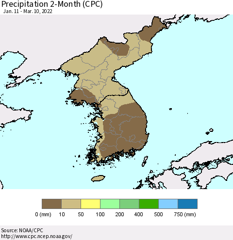 Korea Precipitation 2-Month (CPC) Thematic Map For 1/11/2022 - 3/10/2022