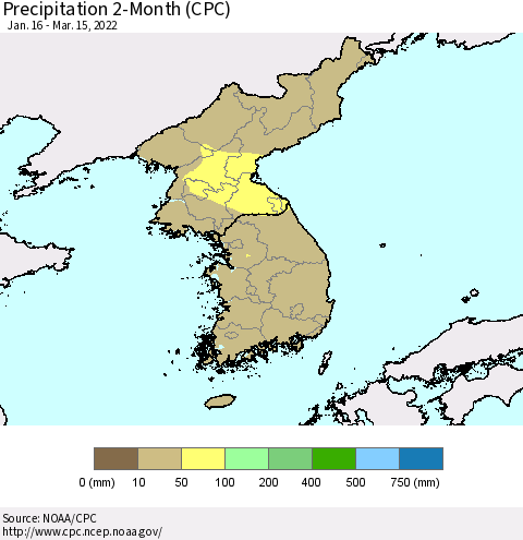 Korea Precipitation 2-Month (CPC) Thematic Map For 1/16/2022 - 3/15/2022
