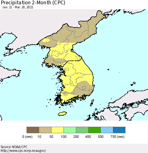 Korea Precipitation 2-Month (CPC) Thematic Map For 1/21/2022 - 3/20/2022