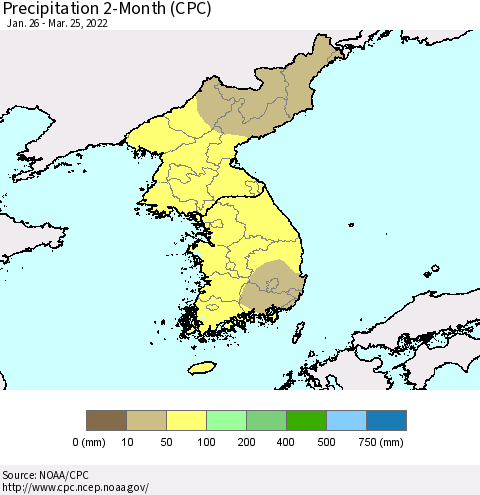 Korea Precipitation 2-Month (CPC) Thematic Map For 1/26/2022 - 3/25/2022