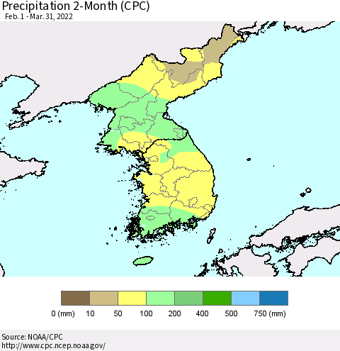 Korea Precipitation 2-Month (CPC) Thematic Map For 2/1/2022 - 3/31/2022